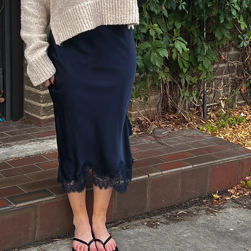 

Womens Elegant Midi Skirt Satin Silk Lace Trim Split Skirts Office Lady High Waist Slim Fit Bodycon Skirt Female Fashion Outfits