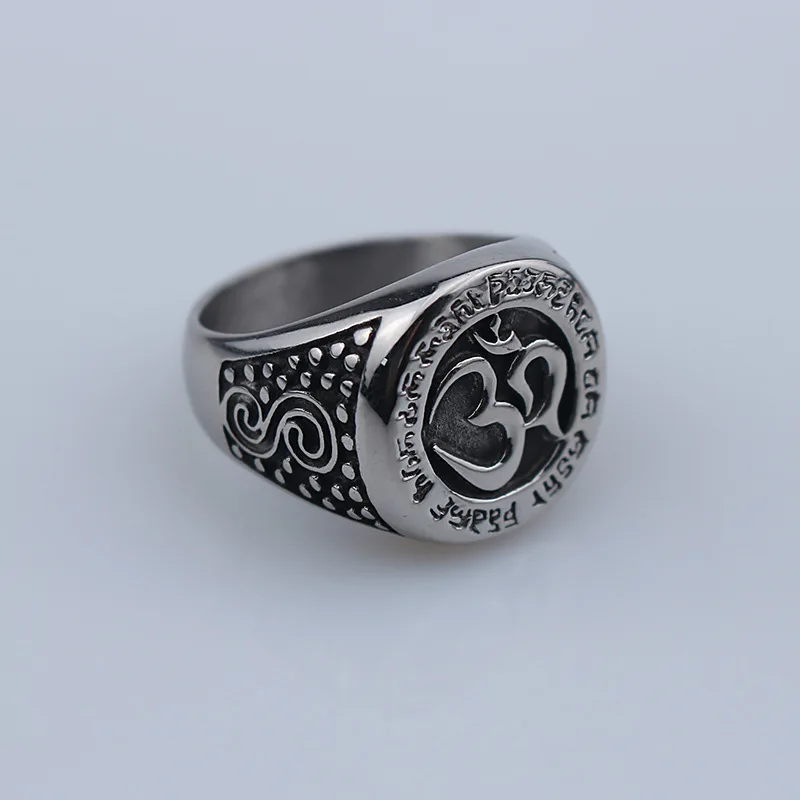 Om Aum Yoga Buddhist Meditation 316L Stainless Steel Amulet Mens Talisman Jewelry Textured Hindu Band Ring