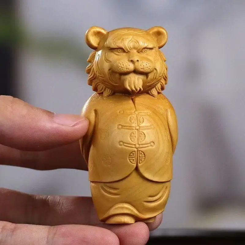 Wood Carving Tiger Animal Figurine of a Rich Man  Creative Cute Decorations Solid wood carving  Home Room Office Decorations
