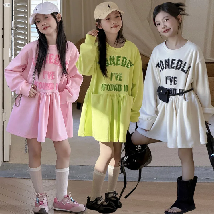 2025 New Autumn Teens Girls Cloth loose long sleeve hooded sweatshirt splicing princess dress Children 4 8 5 12 14 year