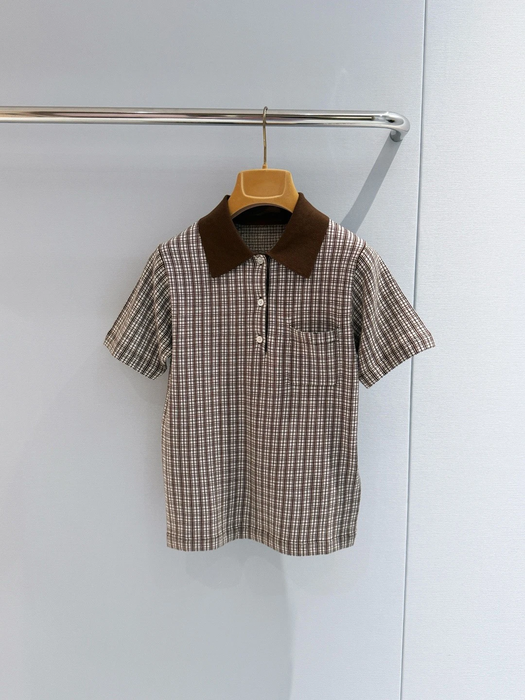 

Cashmere Silk Elegant Plaid Print Short Sleeve Polo Knitted Shirt Women Color Block Collar Casual Knit Sweater Top Vintage Chic