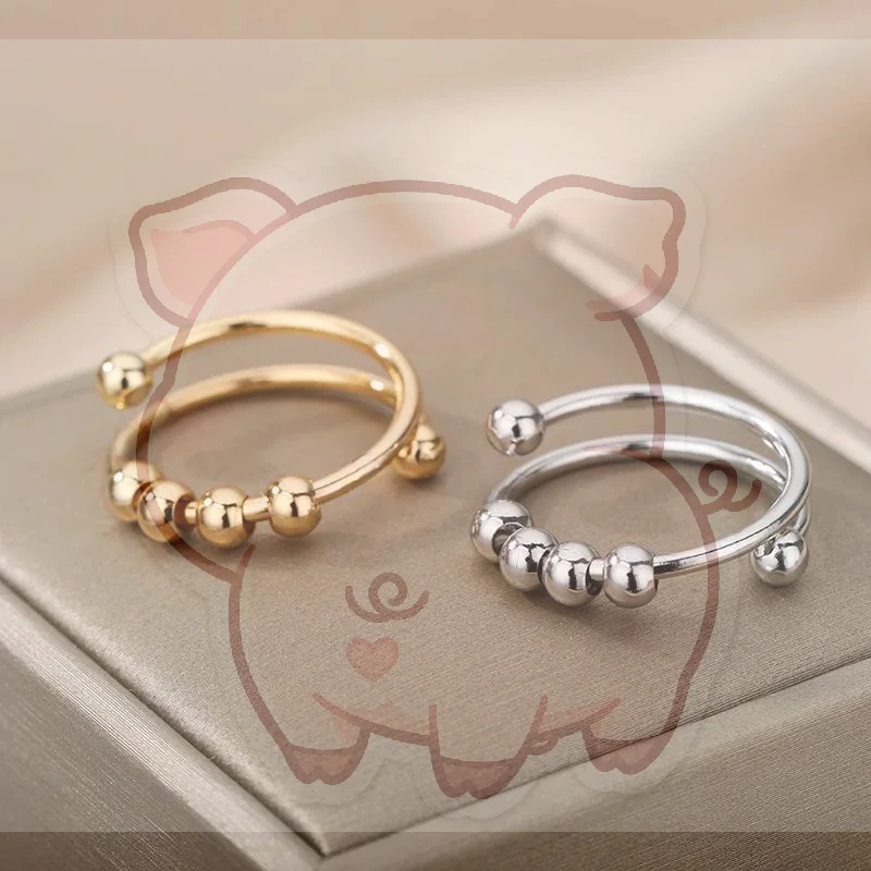 Anxiety Balls Beads Rings For Women Open Spinner Adjustable Finger Ring Stainless Steel Rotating Freely Anti Stress Jewelry Gift