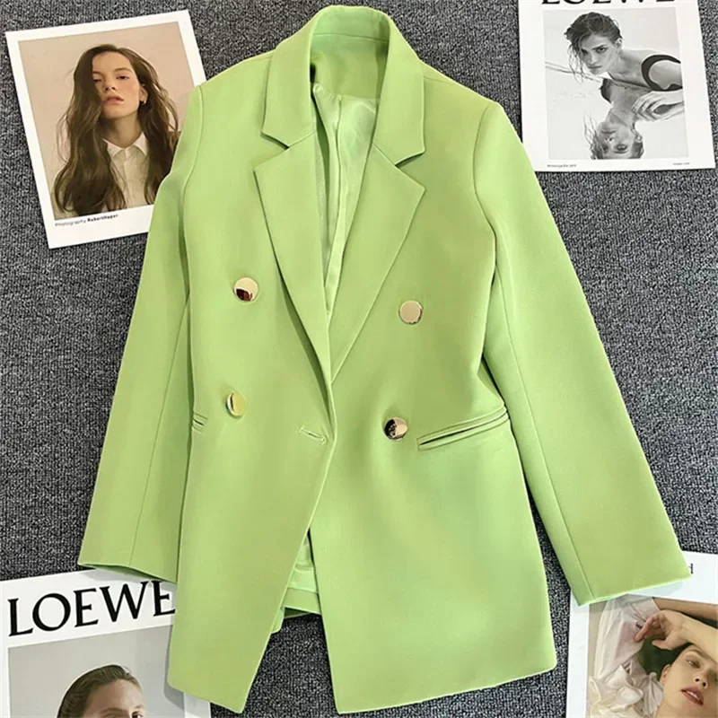 Green Metal Buckle Women's White Suit Jacket Casual Versatile High-end Feel Western-style Clothes Spring/autumn New