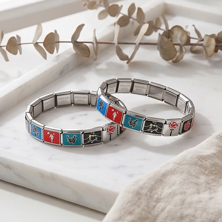 Modische Emaille-Italienische Charm-Verbindungsstücke für 9MM Edelstahl-Armbänder, Rose, Gitarre, Fledermaus, Stern, Baum, Mikrofon, DIY-Perlen-Schmuckherstellung – Detail 5