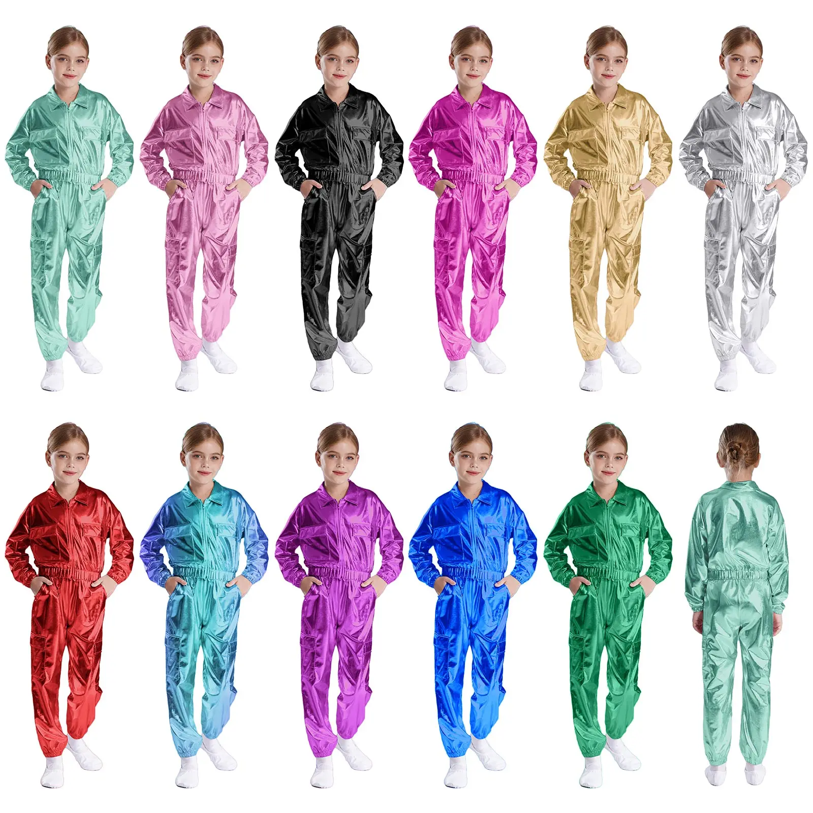 Kids Boys Girls Metallic Hip-Hop Jazz Dance Set Long Sleeve Zipper Jacket Coat with Pants Modern Stage Performance Dancewear