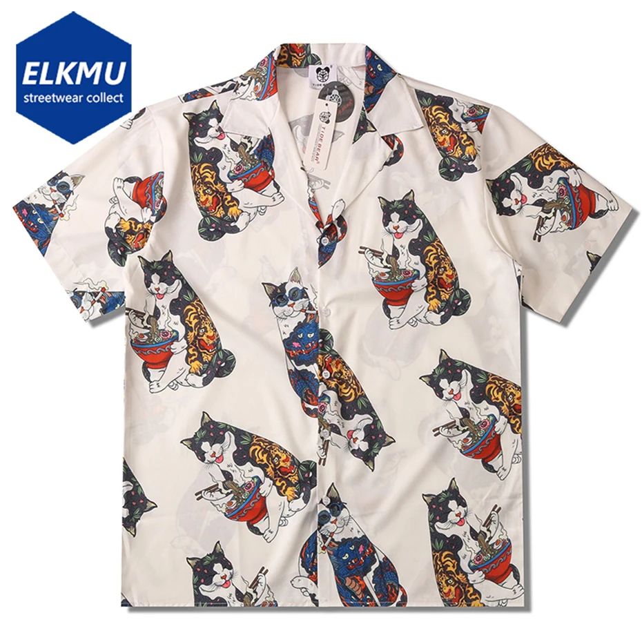 

Japanese Harajuku Shirts Funny Cats Printed Men Shirts 2024 Summer Loose Short Sleeve Button Up Blouse Hip Hop Y2K Shirts Man