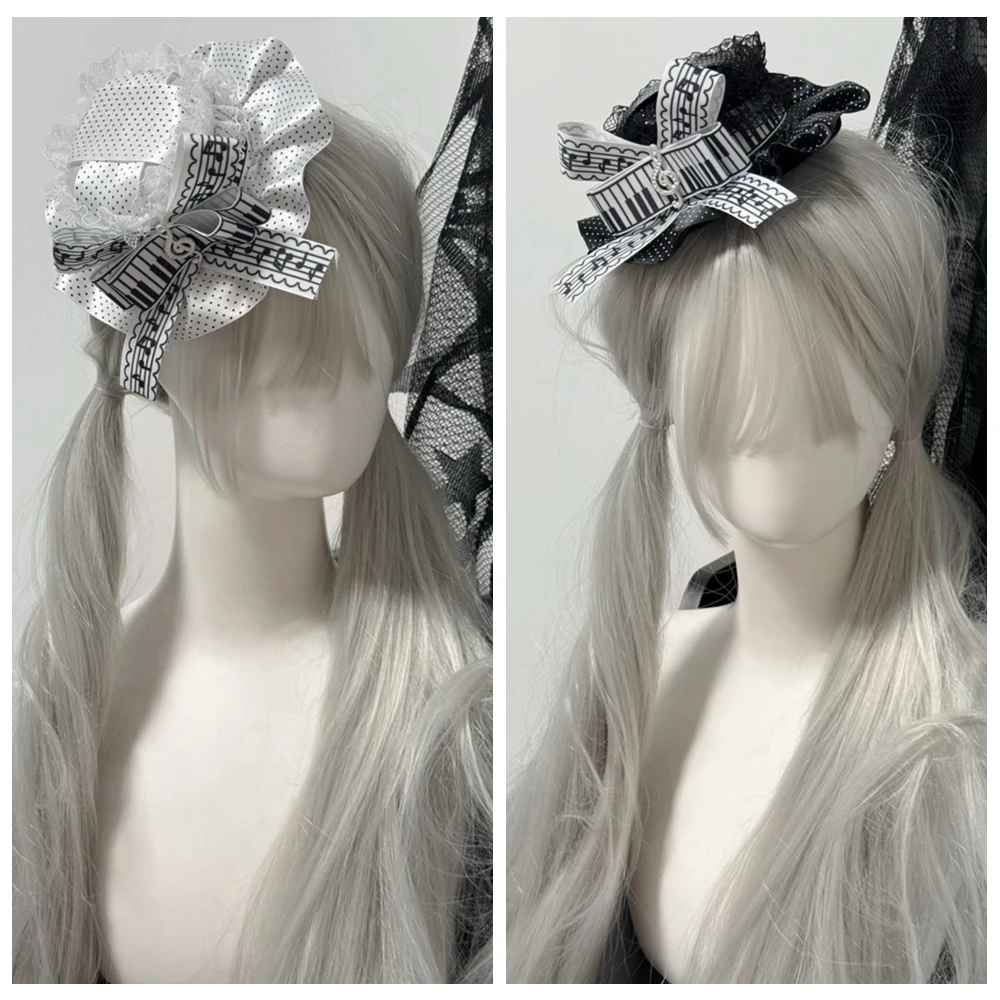 Y2K Original Handmade Gothic Piano Key Notes Lolita Lace Polka Dot Mini Top Hat Hair Clip Accessory
