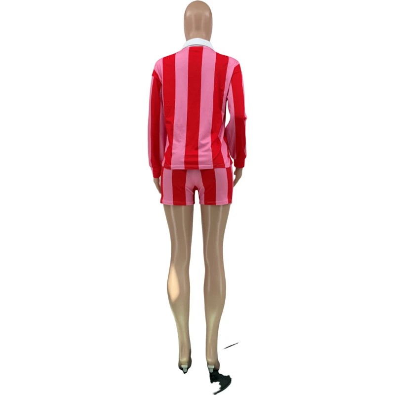 패션 줄무늬 2 조각 세트 여성 복장 봄 의류 여성 긴 소매 티셔츠 탑 반바지 세트 캐주얼 Tracksuits 여성 세트
