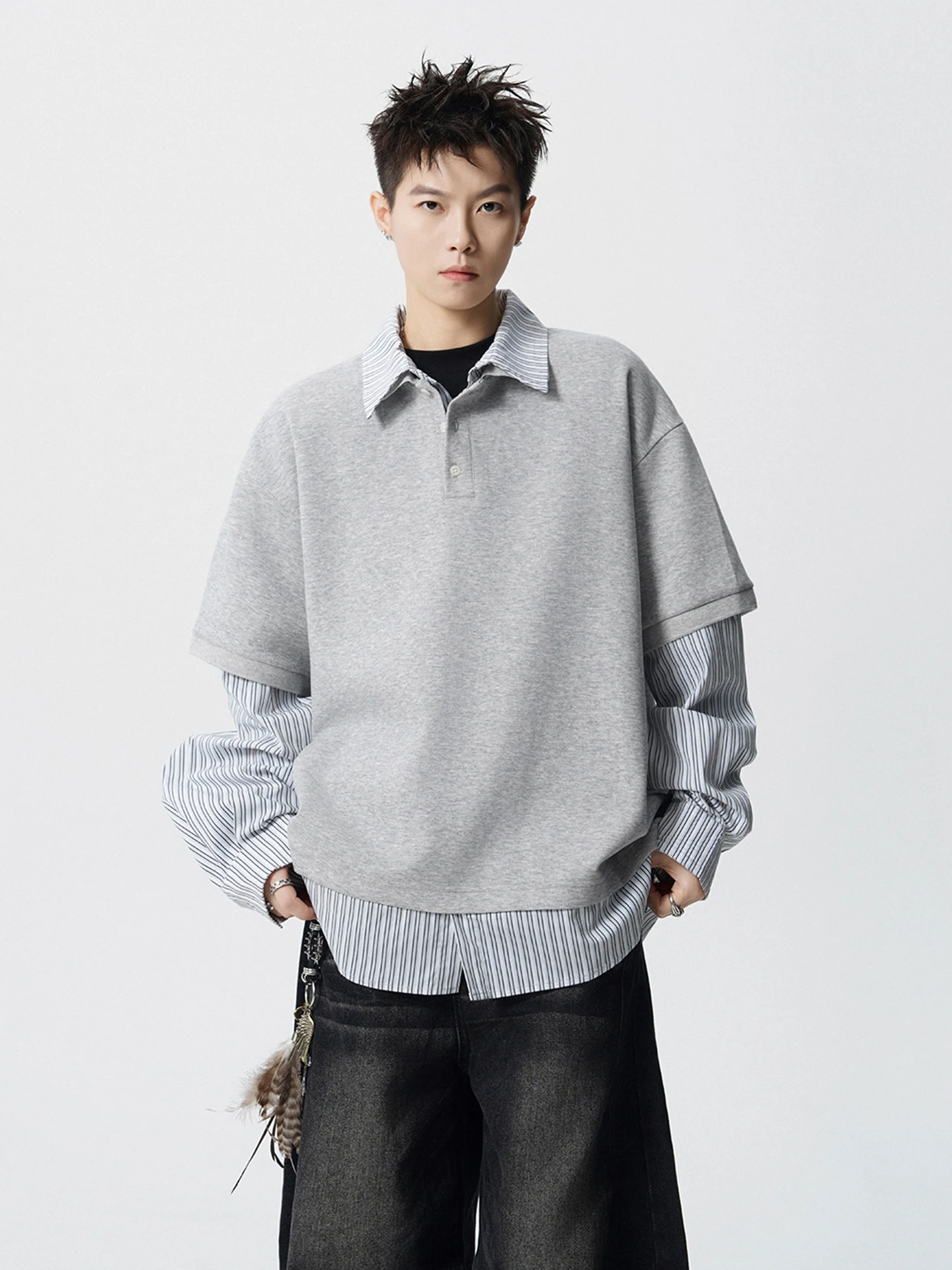 

Men's Loose Fit irt Collar Hoodie Stripe Patchwork Fake Two-Piece Sweatirt Autumn Trendy Casual Long Sve Comfortable