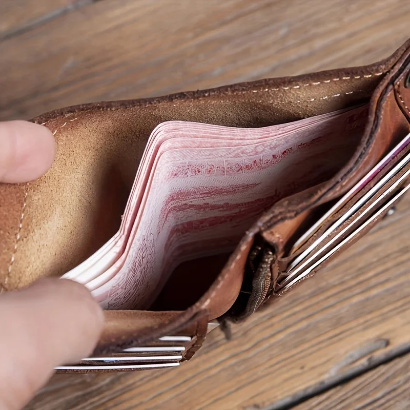 محفظة كلاسيكية من الجلد المحبب للرجال، مصنوعة يدويًا، سعة كبيرة مع فتحات بطاقات متعددة وجيب للعملات المعدنية بسحاب