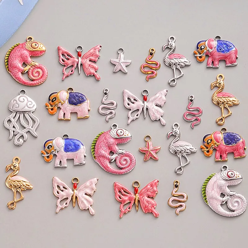 6 Stück Großhandel Rosa/Pinkfarbene Emaille-Tieranhänger Flamingo Schmetterling Seestern Edelstahl-Charms für Schmuckherstellung Halskette – Detail 1