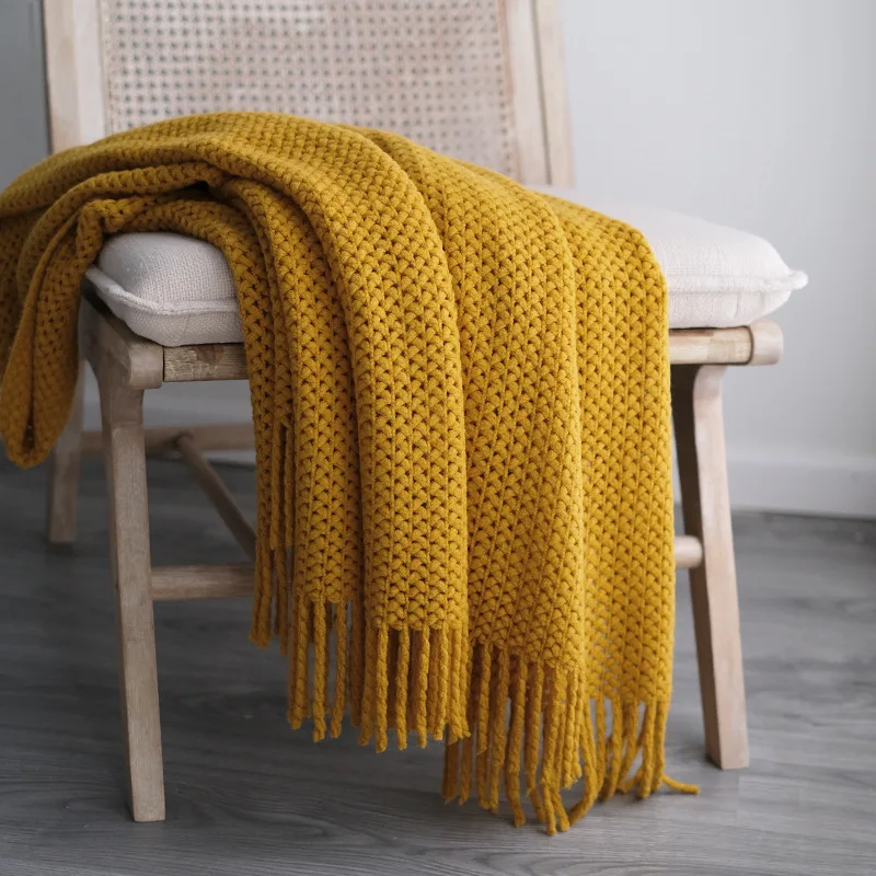 Mantas Tejidas de Color Amarillo Mostaza para Sofá, Dormitorio, Oficina, Mantas Decorativas Tejidas Suaves y Cálidas con Borlas