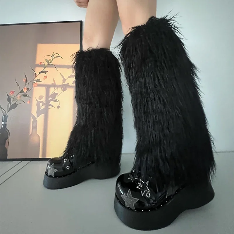 Y2K Girls Furry Leg Warmers 2023 Winter Punk Goth Faux Fur Legwarmers Women Gogo Fluffies Boot Covers Knee Length Hipster Socks