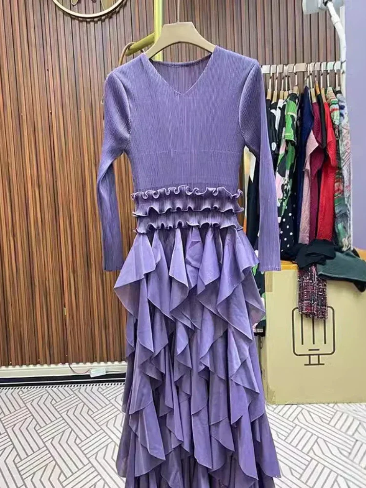 Miyake Pleated Women Irregular Ruffle Maxi Dress 2024 New Mid Long Sleeve Loose V Neck Casual Party Dresses