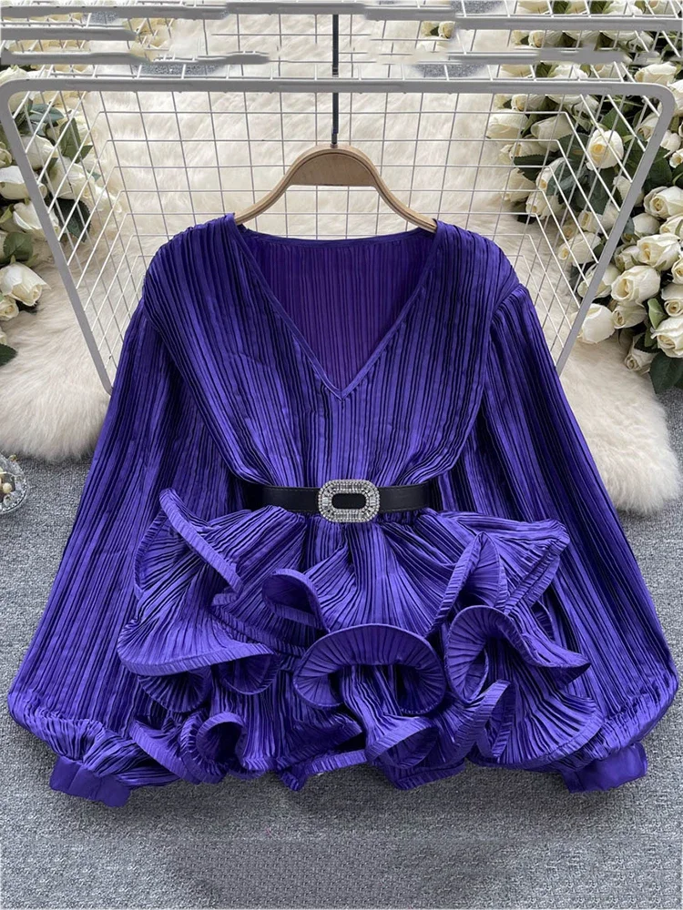 Elegant Solid V-neck Belt Ruffles Patchwork Slim Blouse Women Temperament Basics Shirt 2023 Summer New Tide Fashion SM6134