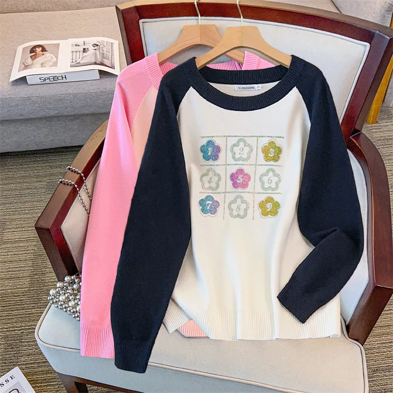 

170 кг, женский бюст 160, весенне-осенний свободный пуловер с круглым вырезом, вязаный черный, розовый, 5XL, 6XL, 7XL, 8XL, 9XL, 10XL