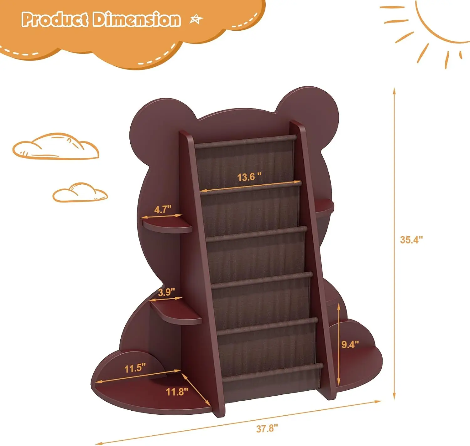 Kids Bookshelf for Kids Room Bear Toy Organizer Storage Toddler Montessori Bookshelves for Baby Children 4-Tier Wooden Bookcase