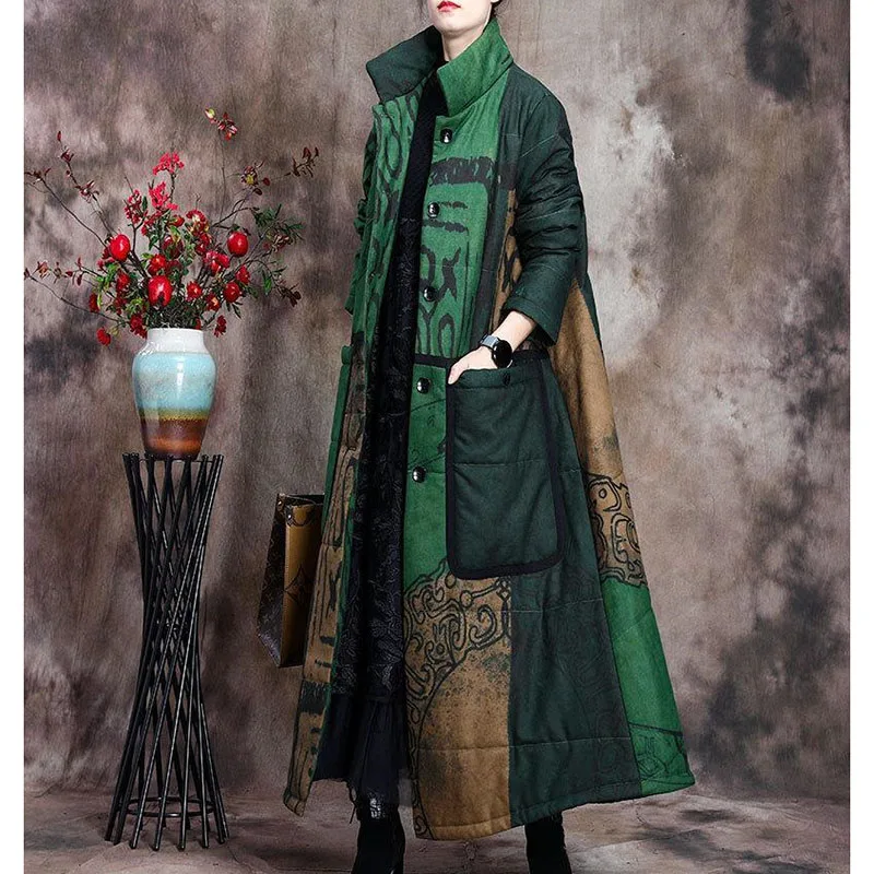 Autumn Winter Feminine Long Sleeves Trench Coat 2025 Women Print Cotton Padded Outwear Korean Ladies Stand Collar Parkas Jacket