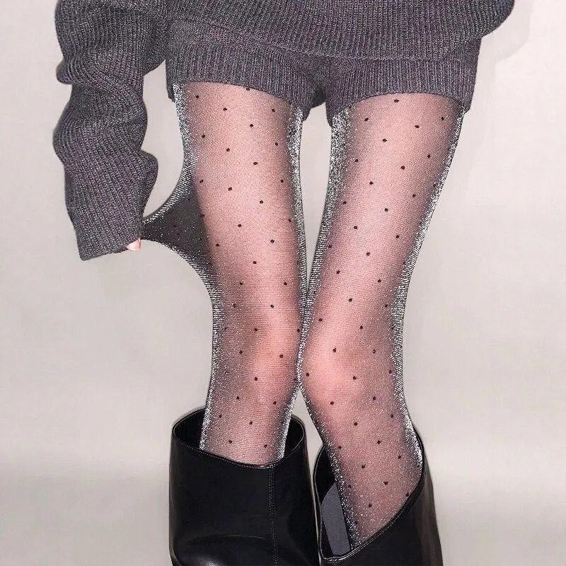 Super Bright Silver Thread Polka Dot Pantyhose Thin Sheer JK Tights Luxury Unique Women Autumn Winter Base Layer Black Hosiery