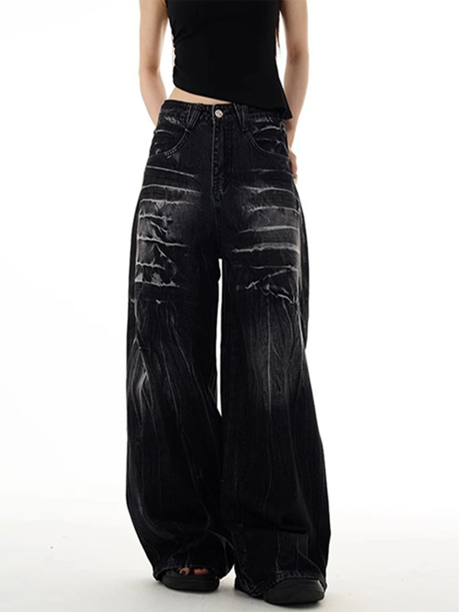 Women's Black Gothic Baggy Y2k Jeans Harajuku Vintage Denim Trousers Oversize Hip Hop Jean Long Pants Japanese Emo 2000s Clothes