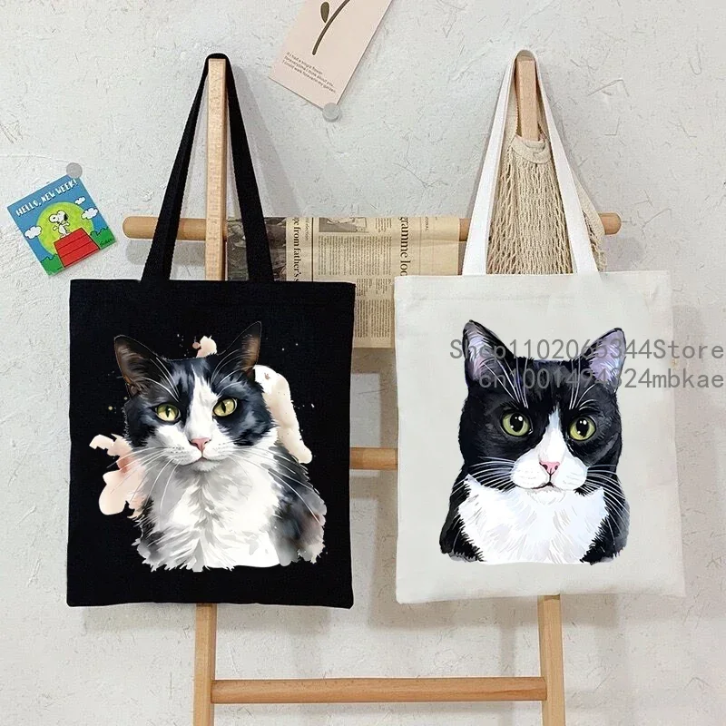 Funny Cow Cat Handbag Women Cartoon Aesthetics Kitten Design Shopping Bags Teen Cat Lover Reusable Tote Bag Female Shoulder Bag