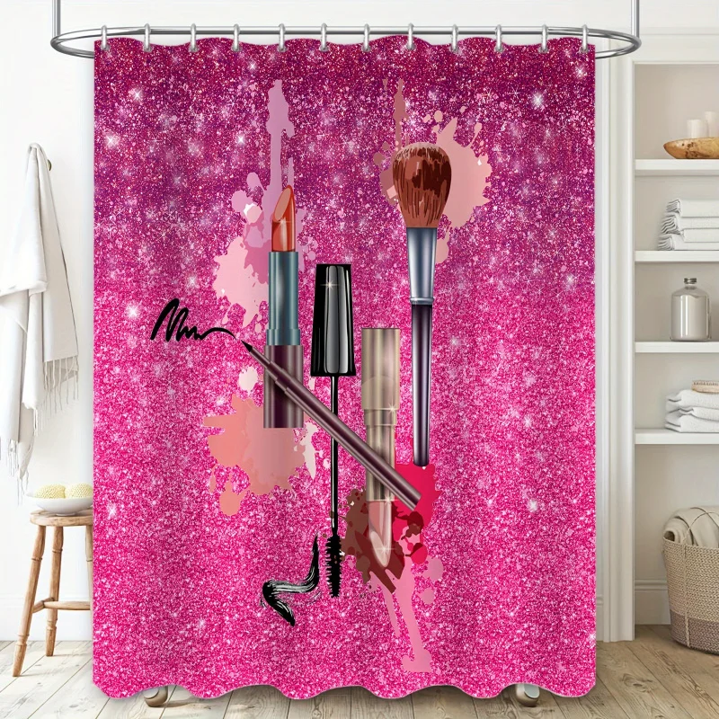 Fashion makeup theme shower curtain set, 179.83X179.83cm pink glitter cosmetic pattern, 12 eyelet water-resistant polyester bath