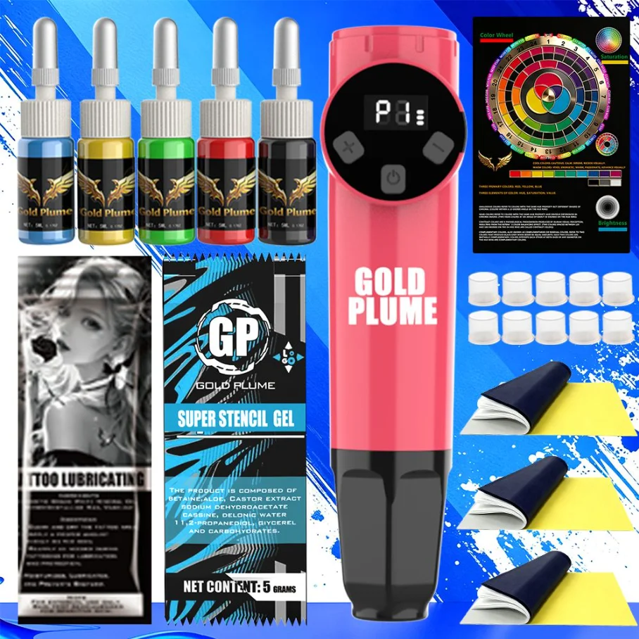 Gold Plume Pink & Black Wireless Tattoo Pen Kit Rotary Tattoo Gun with Tattoo Ink and Stencil Gel Full Tattoo Set for Body Art