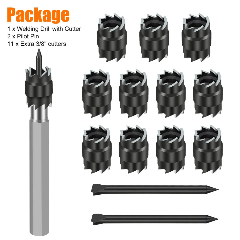 14pcs 3/8\'\' Spot Weld Drill Bits With  Pin 1/4in Shank Spot Welding Equipment Power Tool Accessories