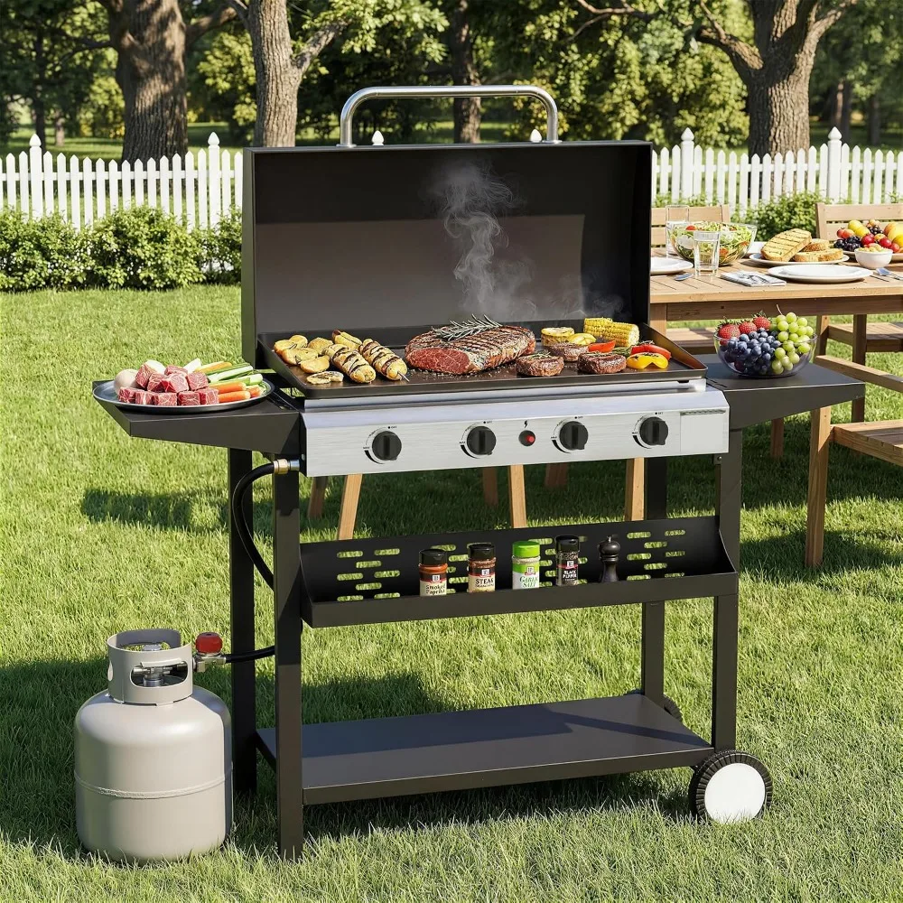 30 Inch 4 Burner Propane Griddle with Lid, 60000 BTU Stainless Steel Flat Top Grill for Camping
