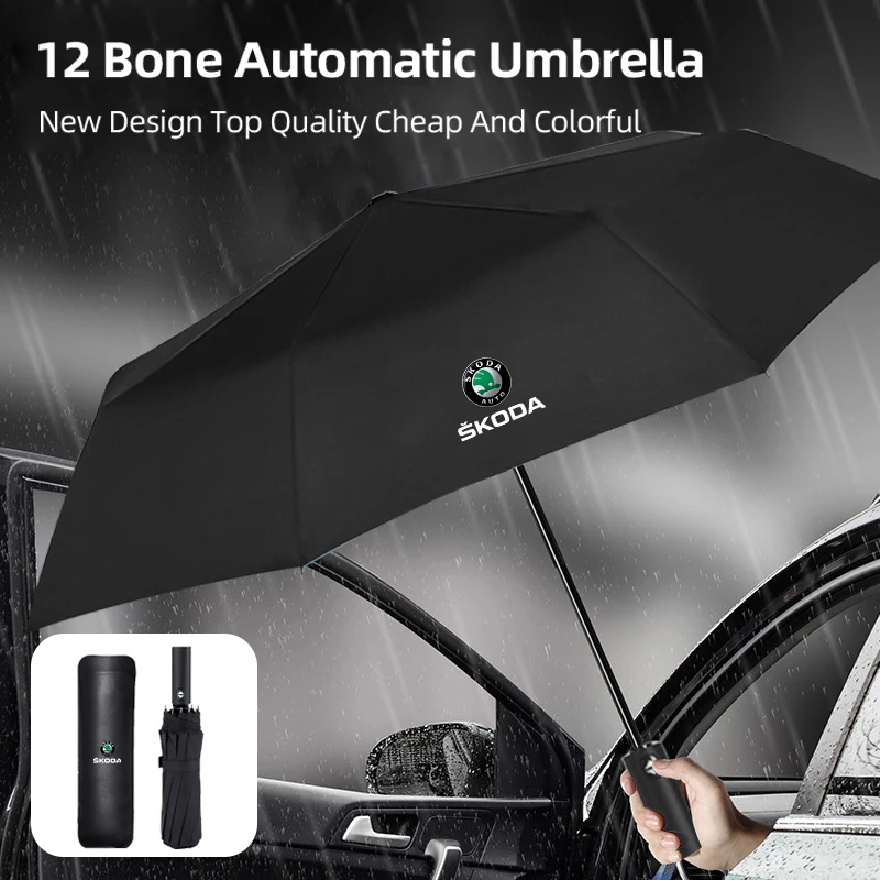 For Skoda 12 Bone Car Automatic Folding Umbrella Sunshade Accessories Rapid Kodiaq Karoq Fabia Kamiq MK3 Roomster Enyaq