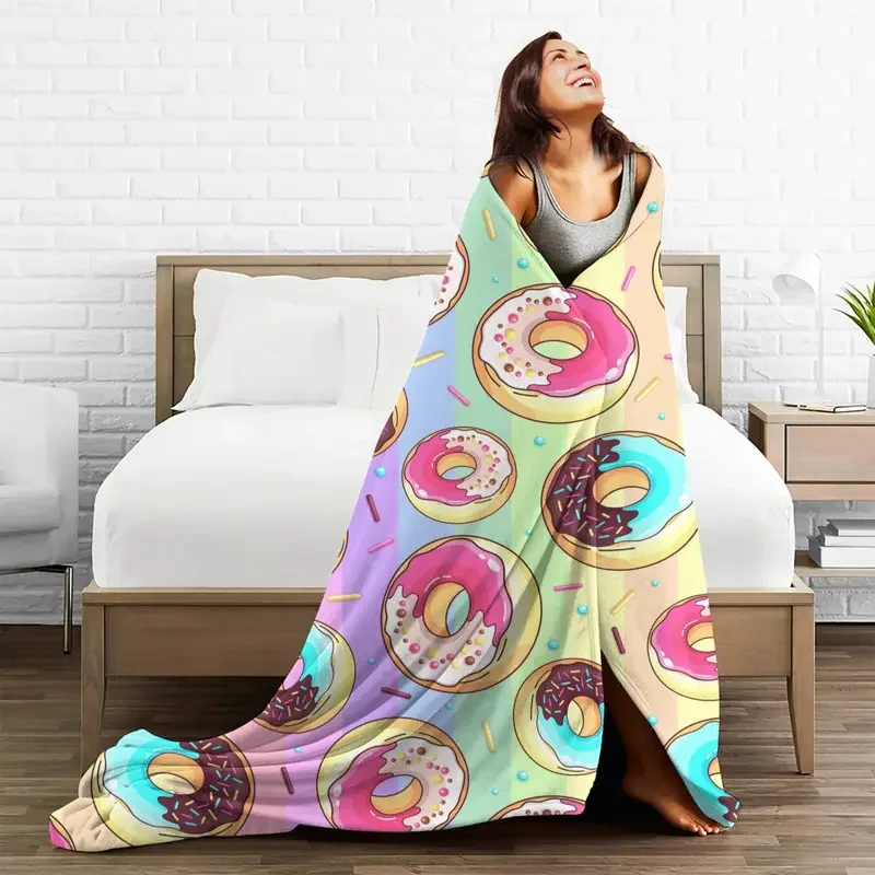 Colorful Sweet Donut Blanket Fleece Textile Decor Junk Fast Food Breathable Throw Blankets for Bedding Couch Plush Thin Quilt