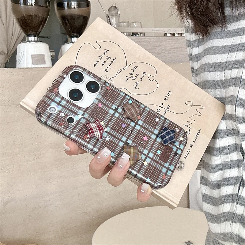 Coreano bonito 3d estrela xadrez padrão caso de telefone para iphone 17 pro 14 15 16 pro max capa com grânulo mão corda casos à prova de choque funda