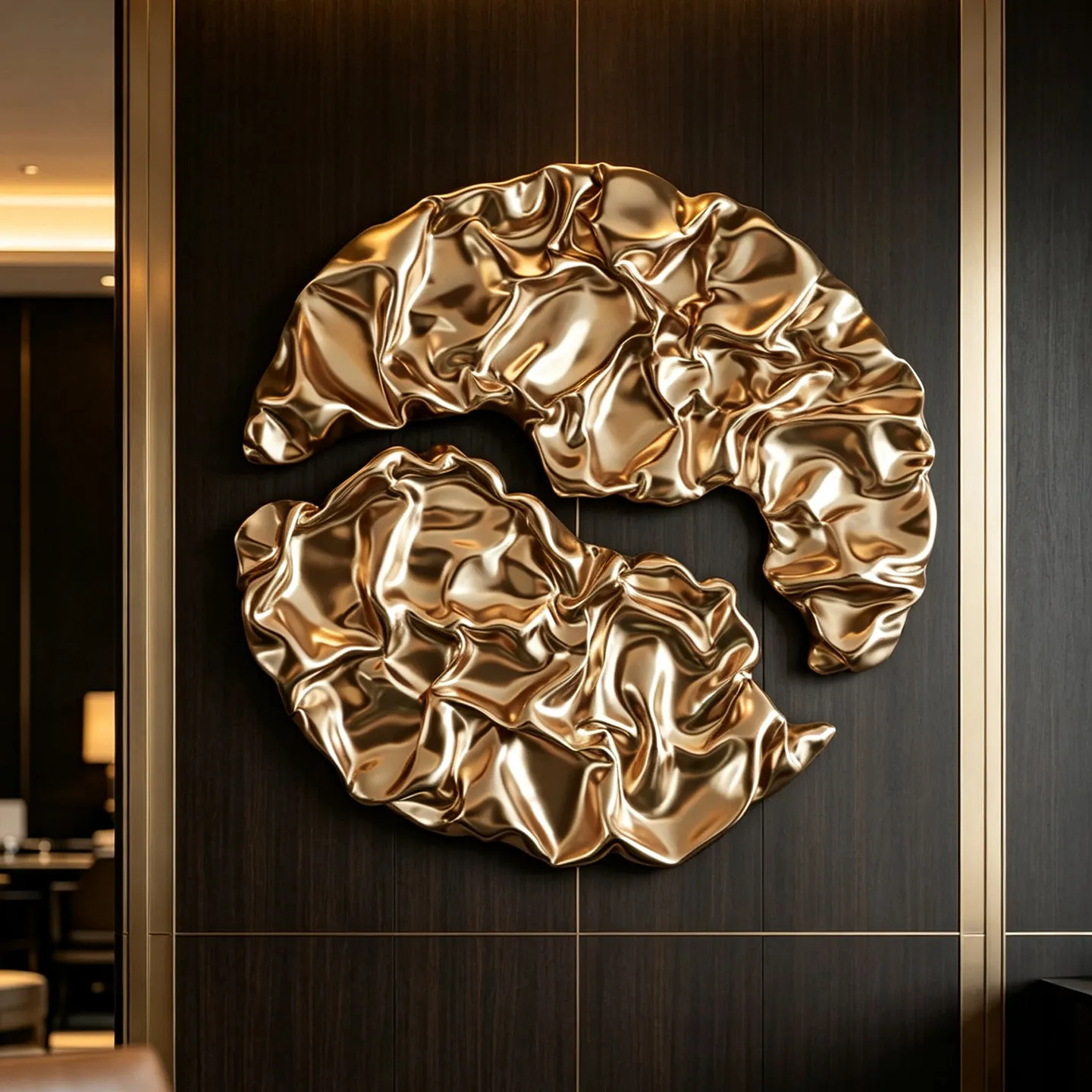 Modern light luxury decorative painting gold wood carving pleated round high-end hotel villa model room background wall hanging
