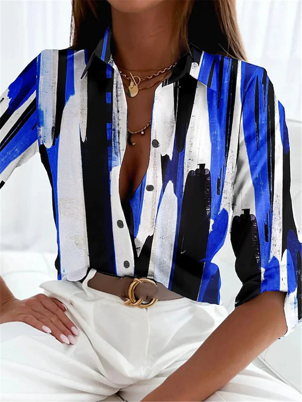 

Long Sleeve Tie-dye Gradient Striped Women Fashion Shirts All Season 3d Printed Street Ladies Blouse 3XL Large Size Casual Shirt