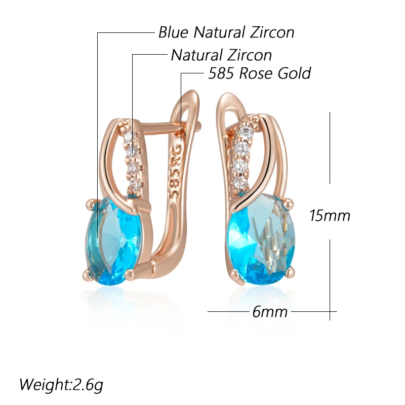 Kinel Hot Shiny Oval Blue Natural Zircon English Earrings for Women 585 Rose Gold Color High Quality Daily Fine Ethnic Jewelry