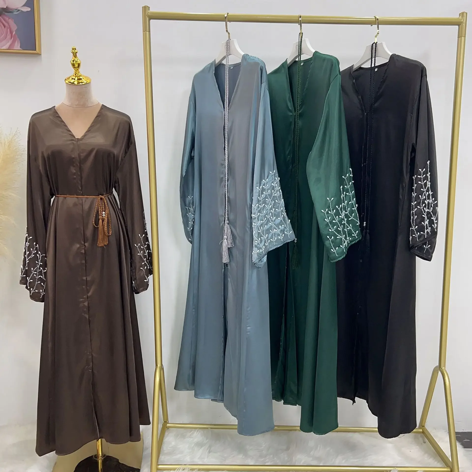 Vestido de cuentas hecho a mano para mujer, cárdigans musulmanes, ropa de exterior, Túnica turca, Hijab, Kimono, fiesta diaria, Color sólido