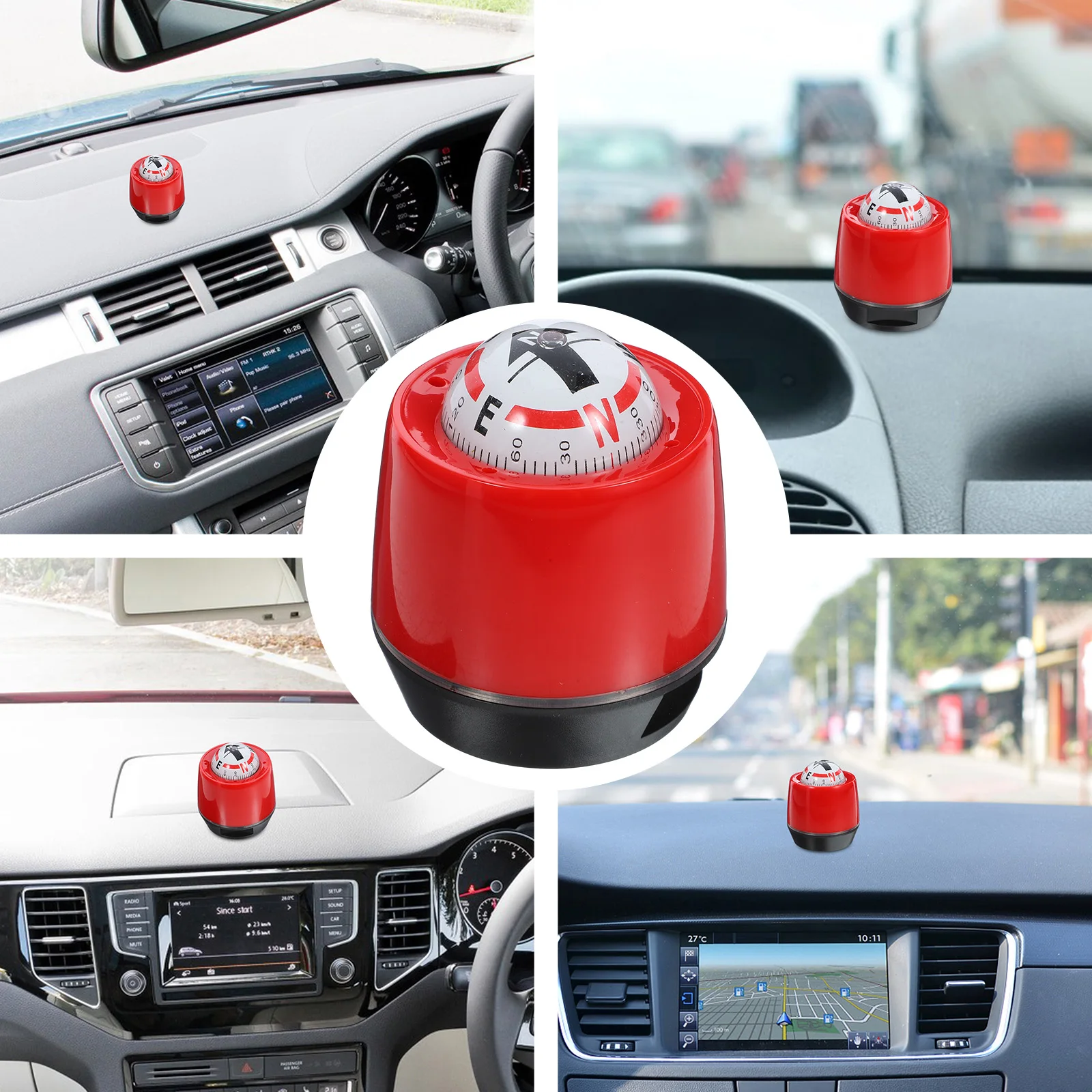 

Red Car Dashboard Ornaments ABS Material Self Adhesive Installation Vehicle Decorations Compass Ball Car Boat