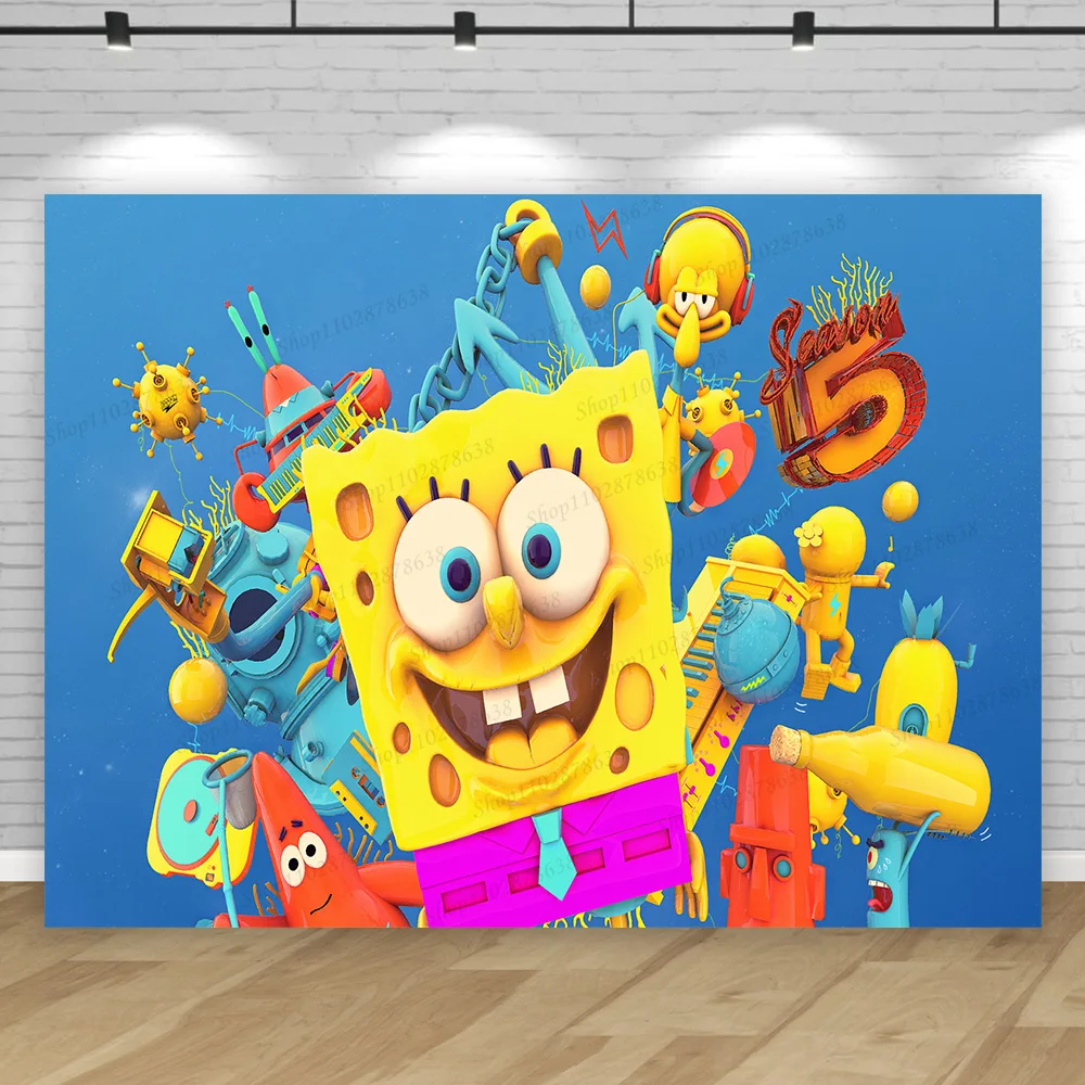 Boy Kid Sponge-Bob Birthday Party Background Decoration Yellow Seabed Patrick Star Backdrop Photography Props Banner Photo