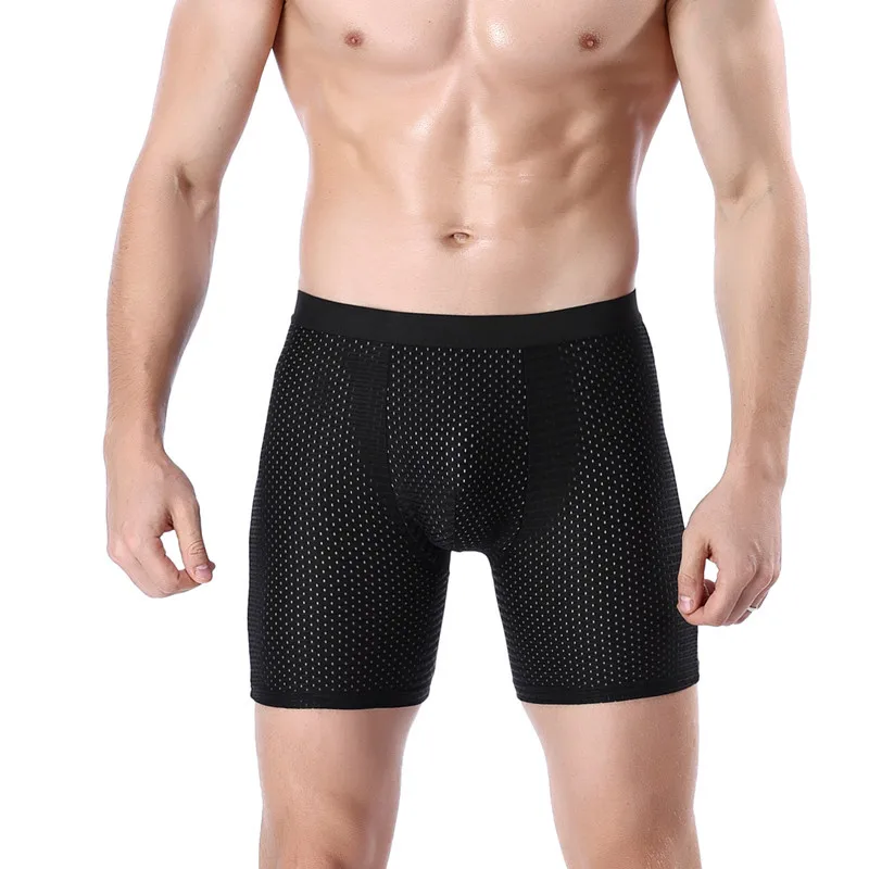 Sexy Underwear Men Long Leg Boxer Shorts Breathable Mesh Panties Man Workout Ice Silk U Bulge Pouch Lengthen Underpants Cuecas