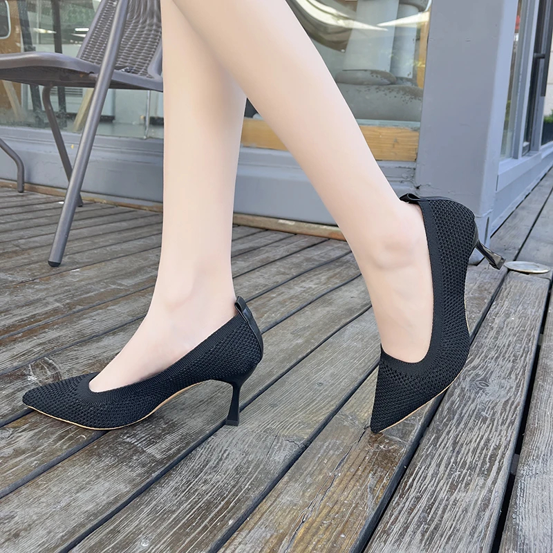 Sharp pointed women's shoes 2025 new fabric breathable high heels shallow mouth mesh cat heel fashionable casual women's shoes