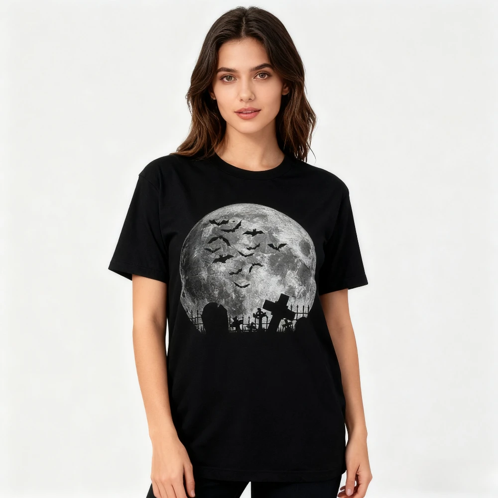 

Full Moon Halloween Unisex T-Shirt Bats Graveyard Graphic Print Shirt Men Women Fashion Crewneck Tee Tops Cool Halloween Gift T