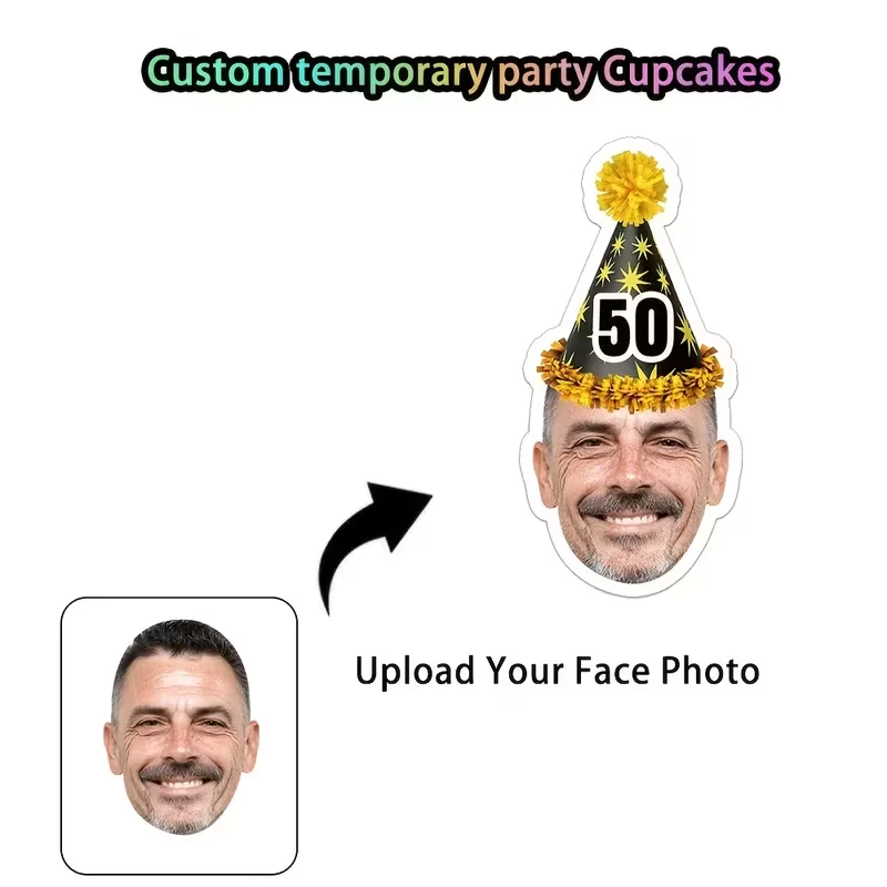24/48PCS Custom Happy Birthday Photo Cupcake Toppers Personalized Face Hat Cake Picks Gold & Black Milestone Party Dessert Decor