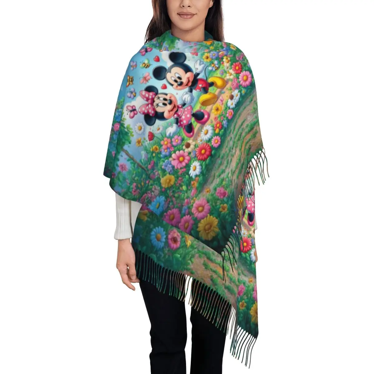 

Custom Mickey Mouse Scarf Wrap for Women Long Winter Warm Tassel Shawl Unisex Scarves