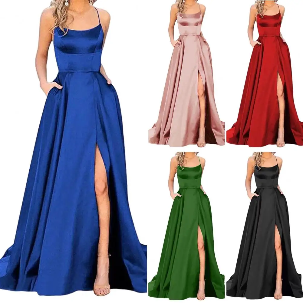 Satin Frauen Abendkleid hoher Schlitz ärmellose Seiten taschen Hosenträger Kleid a-Linie bodenlangen Abschluss ball Bankett Party Maxi kleid