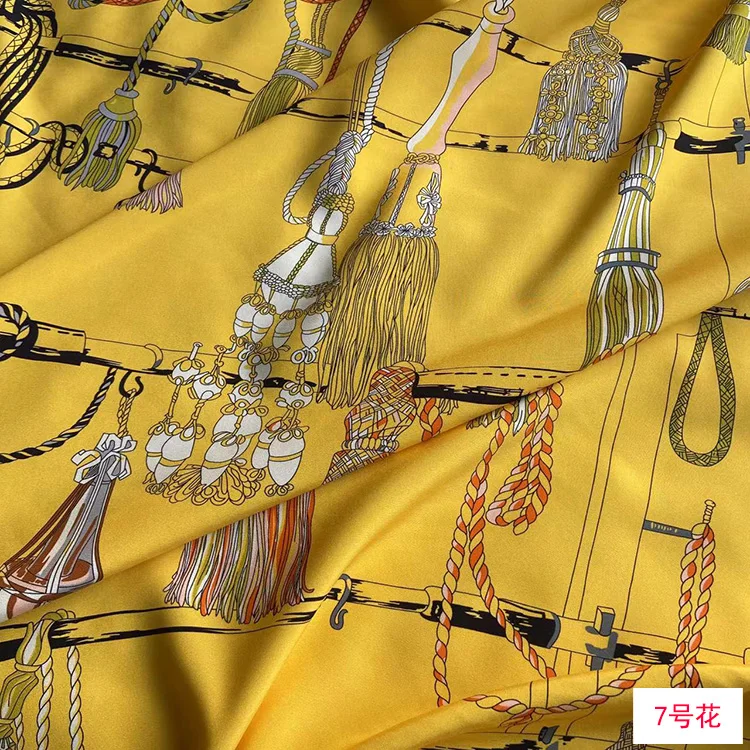 Yellow chains 30 Momme Stretch Heavy Double Crepe Silk Fabric for Dresses, 93% Natural Mulberry Silk, 7% Spandex