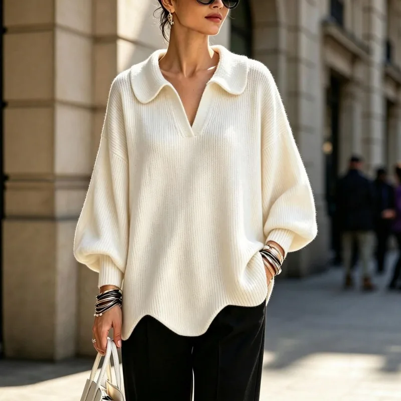 Women Solid Lapel V Neck Knit Sweater Lantern Long Sleeve Loose Pullover For Fall Winter