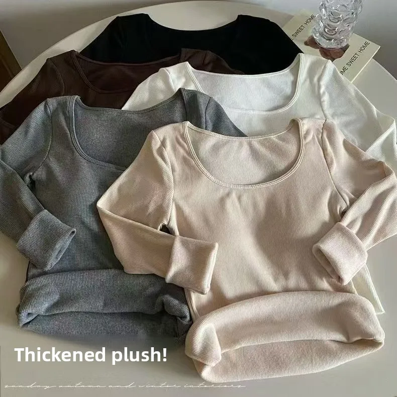 المرأة طويلة الأكمام صوف مبطن قصيرة سميكة الدافئة تي شيرت الكورية نمط سليم صالح قاعدة قميص U الرقبة لخريف شتاء