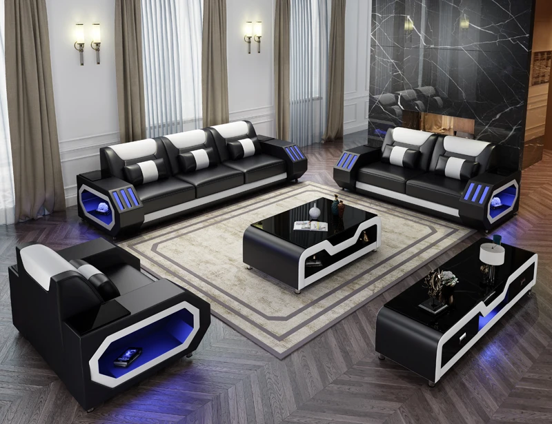 LED light Modern USB music player living room sofas set furniture multi-functional sofas sectionals