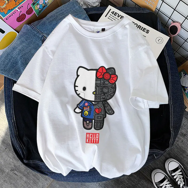 Hello Kitty White Cartoon Anime Men T-shirt Summer Short Sleeve Casual Women T Shirts 2024 New Fashion Couple Tee Tops Clothes