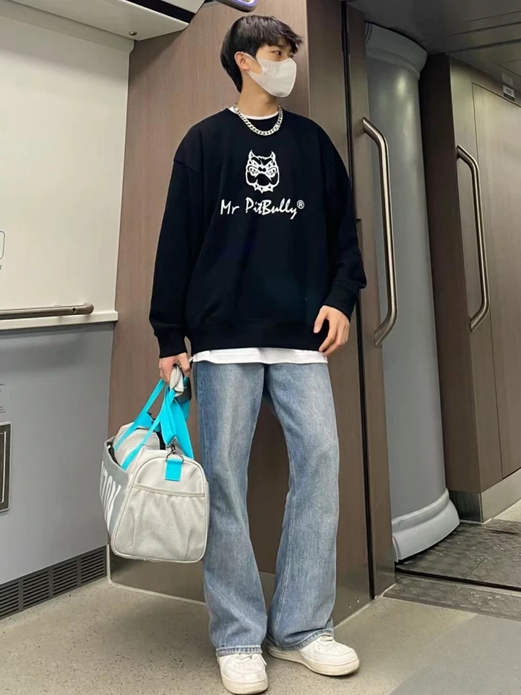 

Retro American Vibe Men's Loose Fit Straight Leg Blue Jeans Spring Autumn Trendy Brand Washed Casual Long Trousers